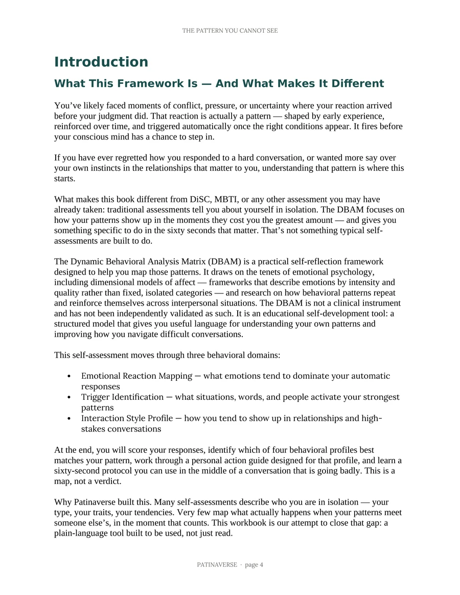 Introduction page explaining what the DBAM framework is, how it differs from other assessments, and the three behavioral domains it moves through.