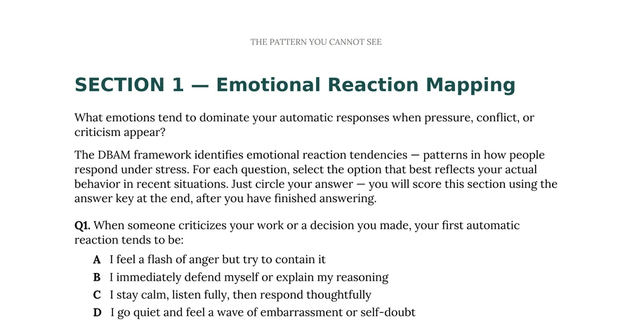 Section 1, Emotional Reaction Mapping: the section introduction and its first multiple-choice question, about your automatic reaction when someone criticizes your work.